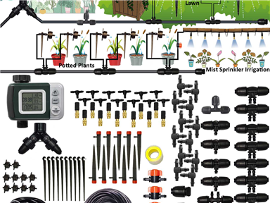 Drip Irrigation Kit Automatic Watering System with Water Timer 80FT 1/4 Tubing and 16 Rain Spray Watering Nozzles in 4 Directions for Potted Plants Yard Lawn Juvenile Plants Green